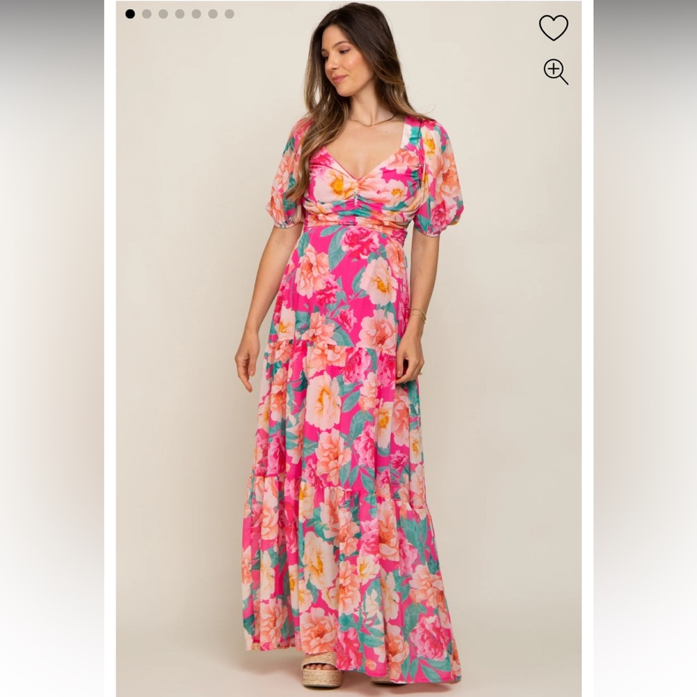 Fuchsia Floral Chiffon Front Sweetheart Neck Lace-Up Back Tiered Maternity Maxi